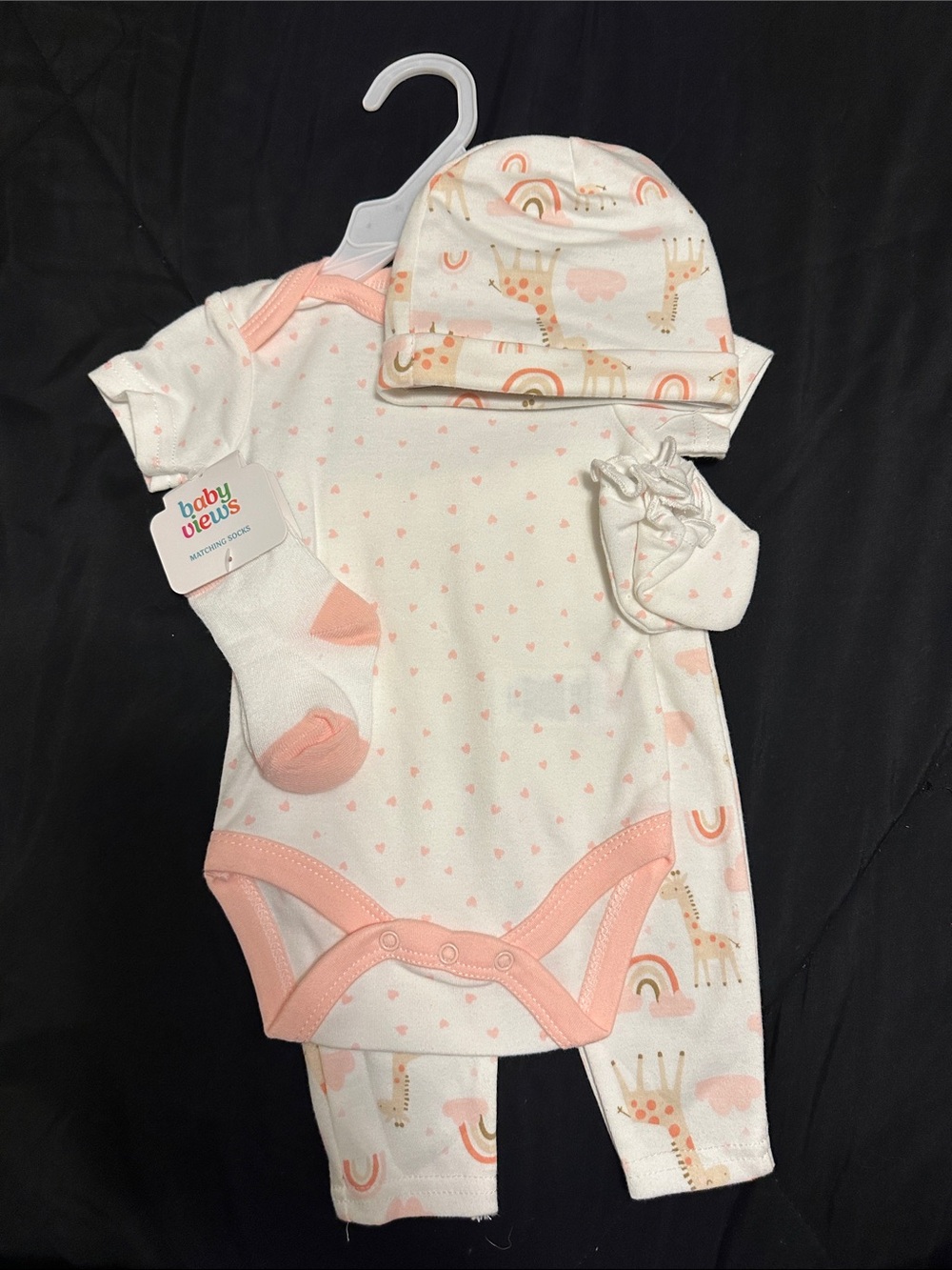 0-3 Month Girl 4-Piece Pink Giraffe & Rainbow Layette Set
